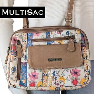 MultiSac Crossbody Bag Tan Floral Patchwork Faux Leather Organizer Small